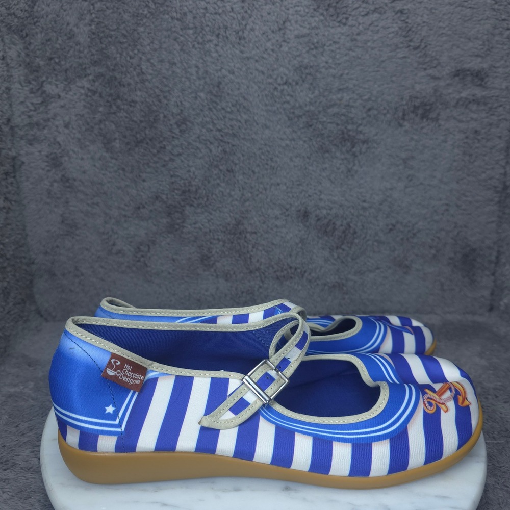 Hot Chocolate Design Mary Jane Flats Womens 39 Blue White Nautical Sailor Stripe